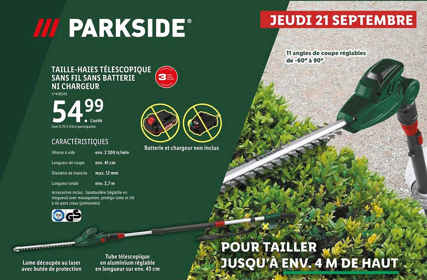 taille-haies télescopique sans fil sans batterie ni chargeur parkside