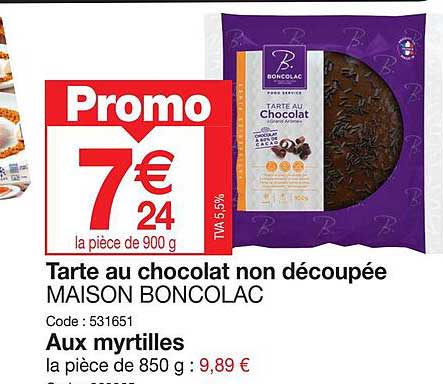 tarte au chocolat non découpée maison boncolac, aux myrtilles