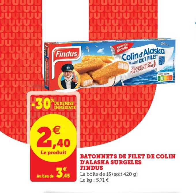 Bâtonnets De Filet De Colin D'alaska Surgelés Findus -30% De Remise Immédiate