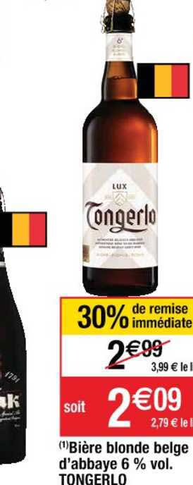 bière blonde belge d'abbaye 6 % vol. tongerlo 30% de remise immédiate