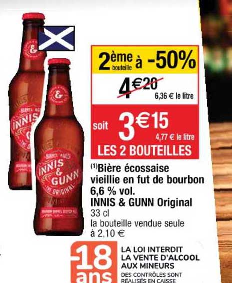 bière écossaise vieillie en fut de bourbon 6.6% vol. innis&gunn original 2ème bouteille à -50%