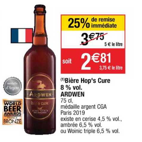 bière hop's cure 8 % vol. ardwen 25% de remise immédiate