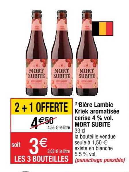 bière lambic kriek aromatisée cerise 4% vol. mort subite 2+1 offerte