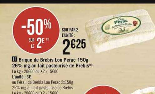 brique de brebis lou perac 150g 26% m.g. au lait pasteurisé de brebis 50% sur le 2e