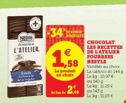 chocolat les recettes de l'atelier fourrées nestlé -34% de remise immédiate