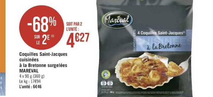 coquilles saint jacques cuisinées à la bretonne surgelées mareval -68% sur le 2e