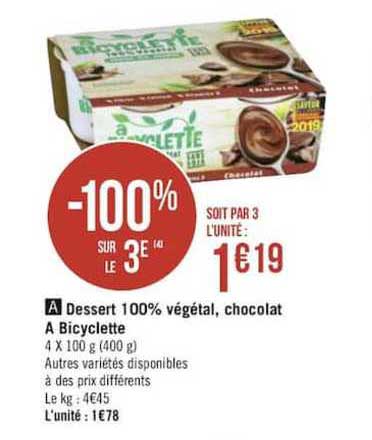 dessert 100% végétal, chocolat à bicyclette -100% sur le 3è
