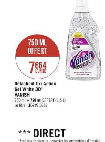 détachant oxi action gel white 30° vanish 750 ml offert