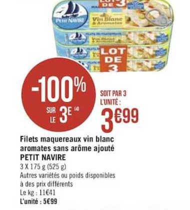 Filets Maquereaux Vin Blanc Aromates Sans Arôme Ajouté Petit Navire -100% Sur Le 3e
