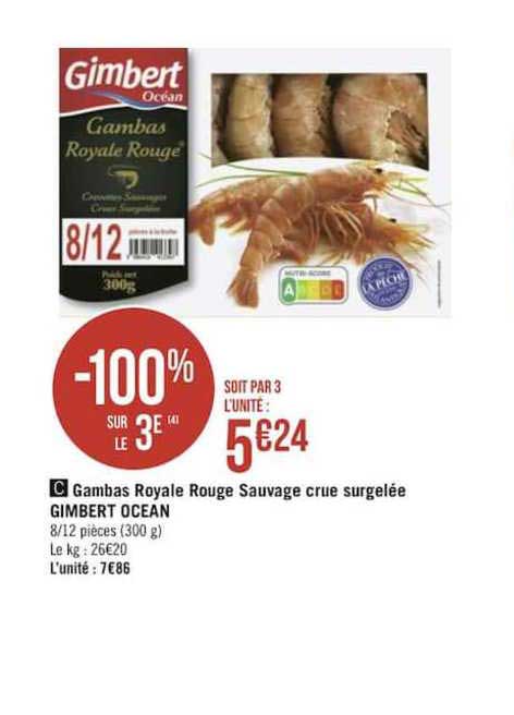 gambas royale rouge sauvage crue surgelée gimbert ocean -100 sur le 3e
