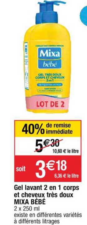 gel lavant 2 en 1 corps et cheveux très doux mixa bébé 40% de remise immédiate