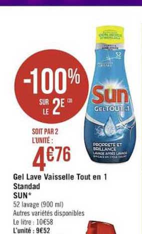 gel lave vaisselle tout en 1 standad sun -100% sur le 2è