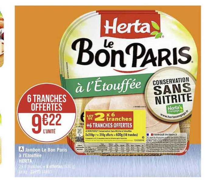jambon le bon paris à l'étouffée herta 6 tranches offertes
