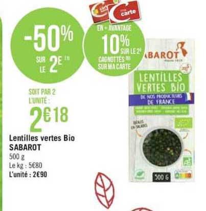 Lentilles Verts Bio Sabarot -50% Sur Le 2e