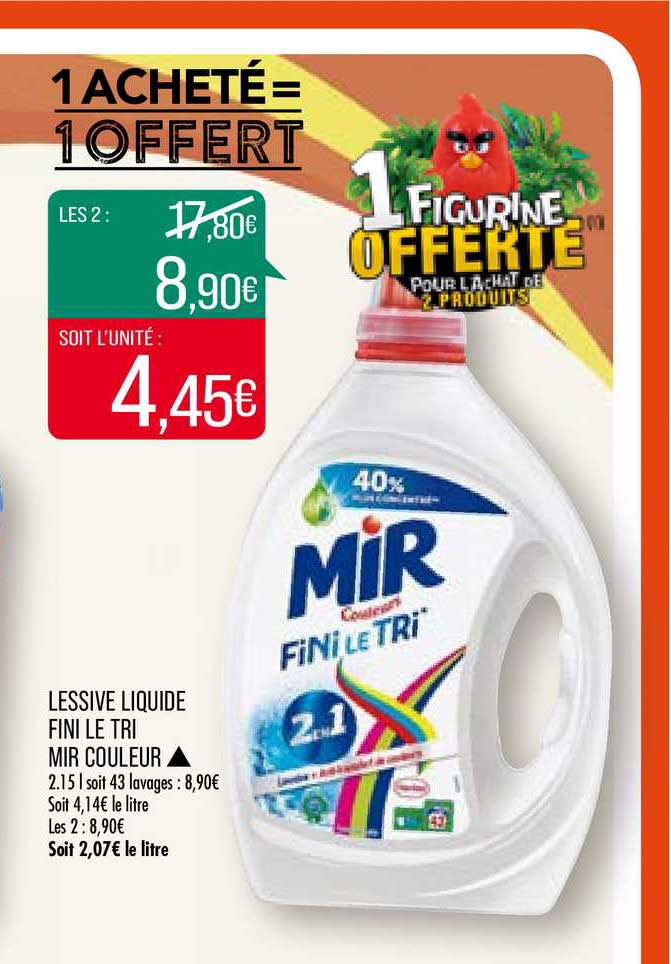lessive liquide fini le tri mir couleur 2 achetés = le 3ème offert
