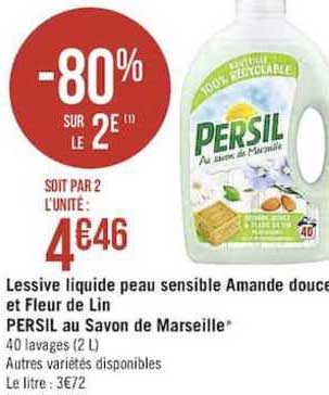 lessive liquide peau sensible amande douce et fleur de lin persil au savon de marseille -80% sur le 2è