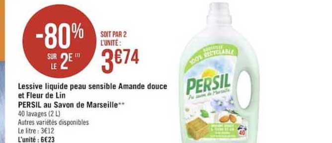 lessive liquide peau sensible amande douce et fleur de lin persil au savon de marseille -80% sur le 2e