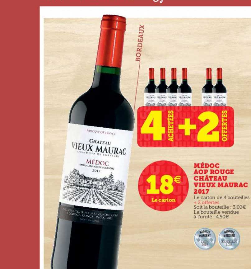 médoc aop rouge château vieux maurac 2017 4 achetées + 2 offertes