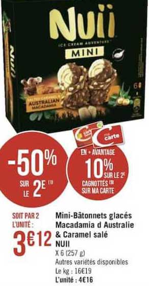 mini bâtonnets glacés macadamia d'australie & caramel salé nuii -50% sur le 2e