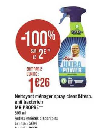 nettoyant ménager ultra power spray clean&fresh anti bacterien mr propre -100 sur le 2e