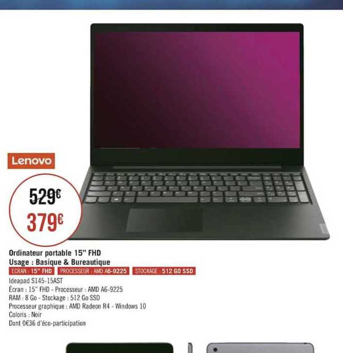 ordinateur portable 15'' fhd usage basique & bureautique lenovo
