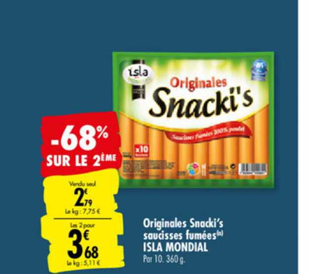 originales snacki's saucisses fumées isla mondial -68% sur le 2ème