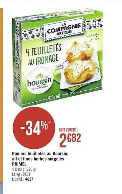 Paniers Feuilletées Au Boursin Ail Et Fines Herbes Surgelés Primel -34%