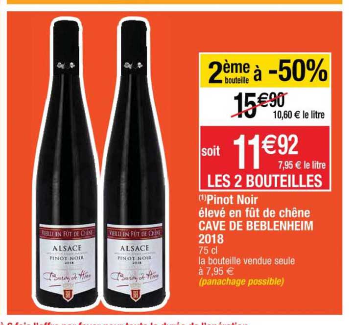 pinot noir élevé en fût de chêne cave de beblenheim 2018 2ème bouteille à -50%