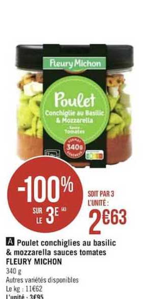 poulet conchiglies au basilic & mozzarella sauces tomates fleury michon -100 sur le 3e