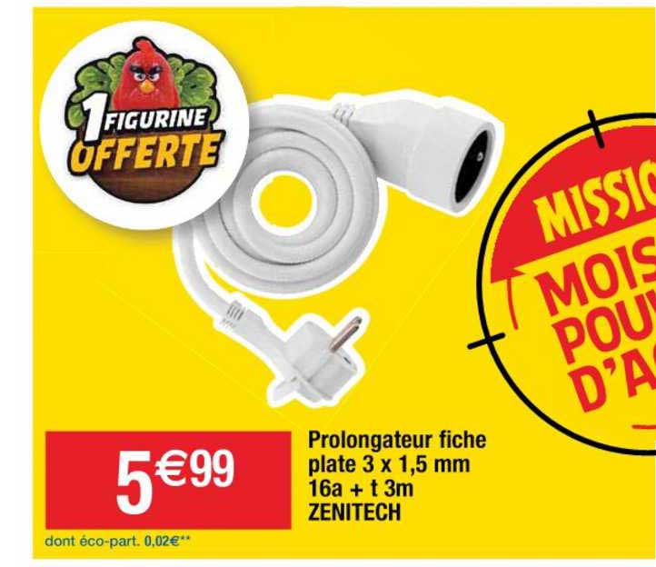 prolongateur fiche plate 3 x 1.5 mm 16a + t 3m zenitech
