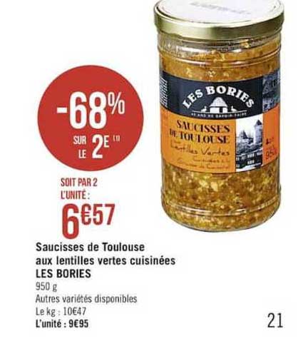 saucisses de toulouse aux lentilles vertes cuisinées les bories -68% sur le 2è