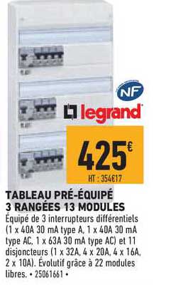 tableau pré équipé 3 rangées 13 modules legrand