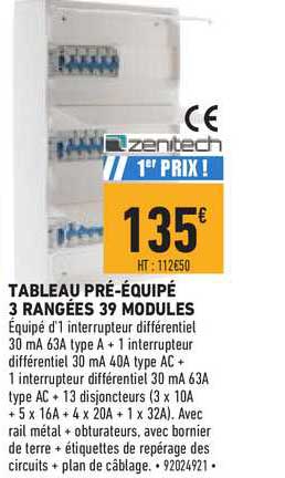 tableau pré équipé 3 rangées 39 modules zenitech