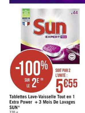 tablettes lave vaisselle tout en 1 extra power + 3 mois de lavages sun -100% sur le 2è