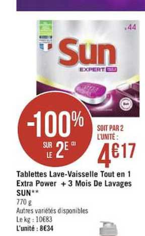 tablettes lave vaisselle tout en 1 extra power + 3 mois de lavages sun -100 sur le 2e