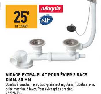 vidage extra plat pour évier 2 bacs diam. 60 mm