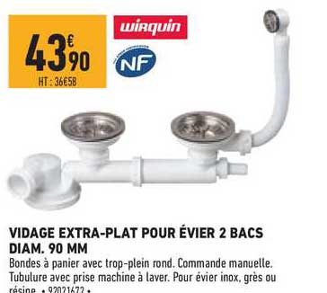 vidage extra plat pour évier 2 bacs diam. 90 mm