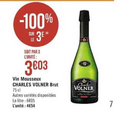 vin mousseux charles volner brut -100% sur le 3è