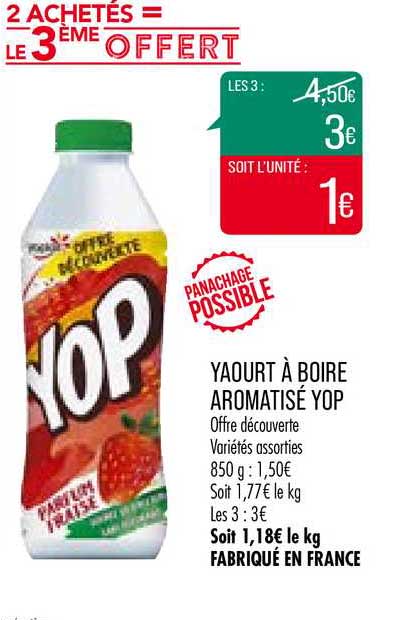yaourt à boire aromatisé yop 2 achetés = le 3ème offert