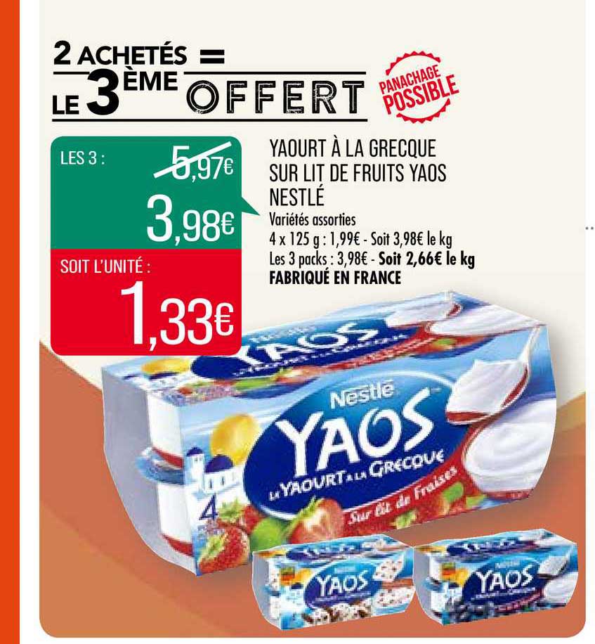 yaourt à la grecque sur lit de fruits yaos nestlé 2 achetés = le 3ème offert