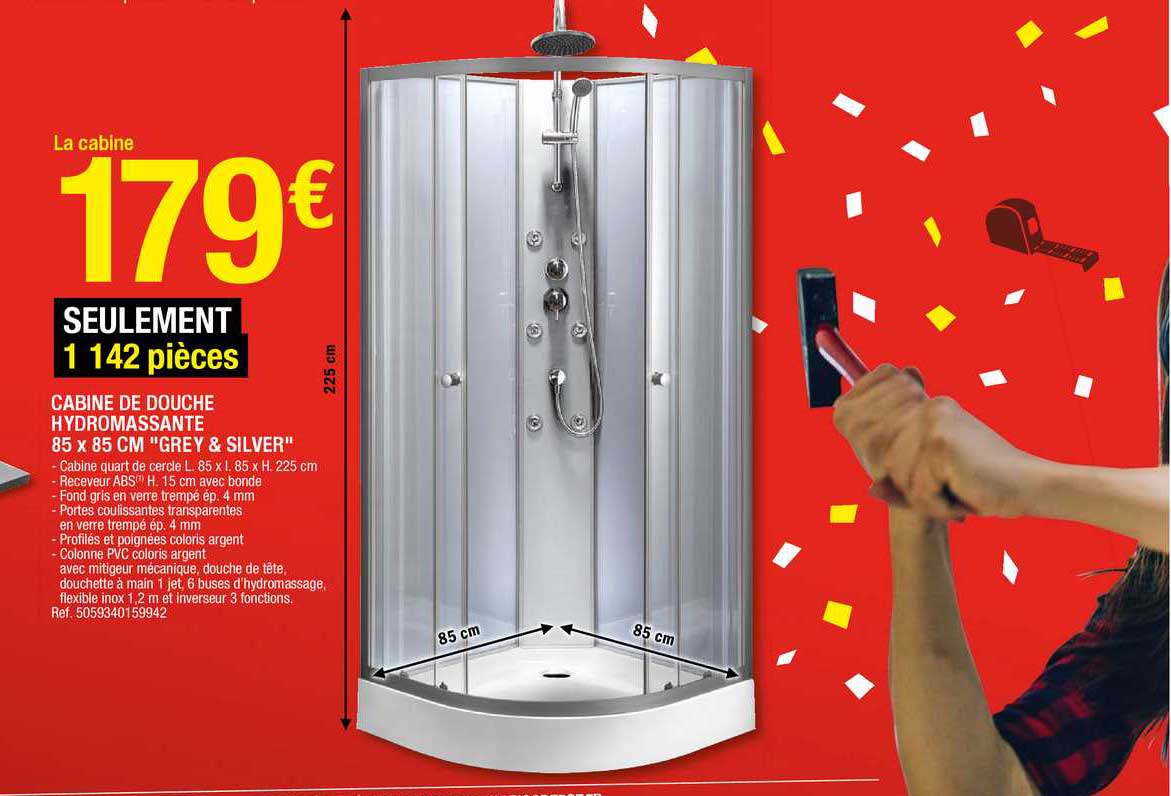 cabine de douche hydromassante 85 x 85 cm "grey & silver"