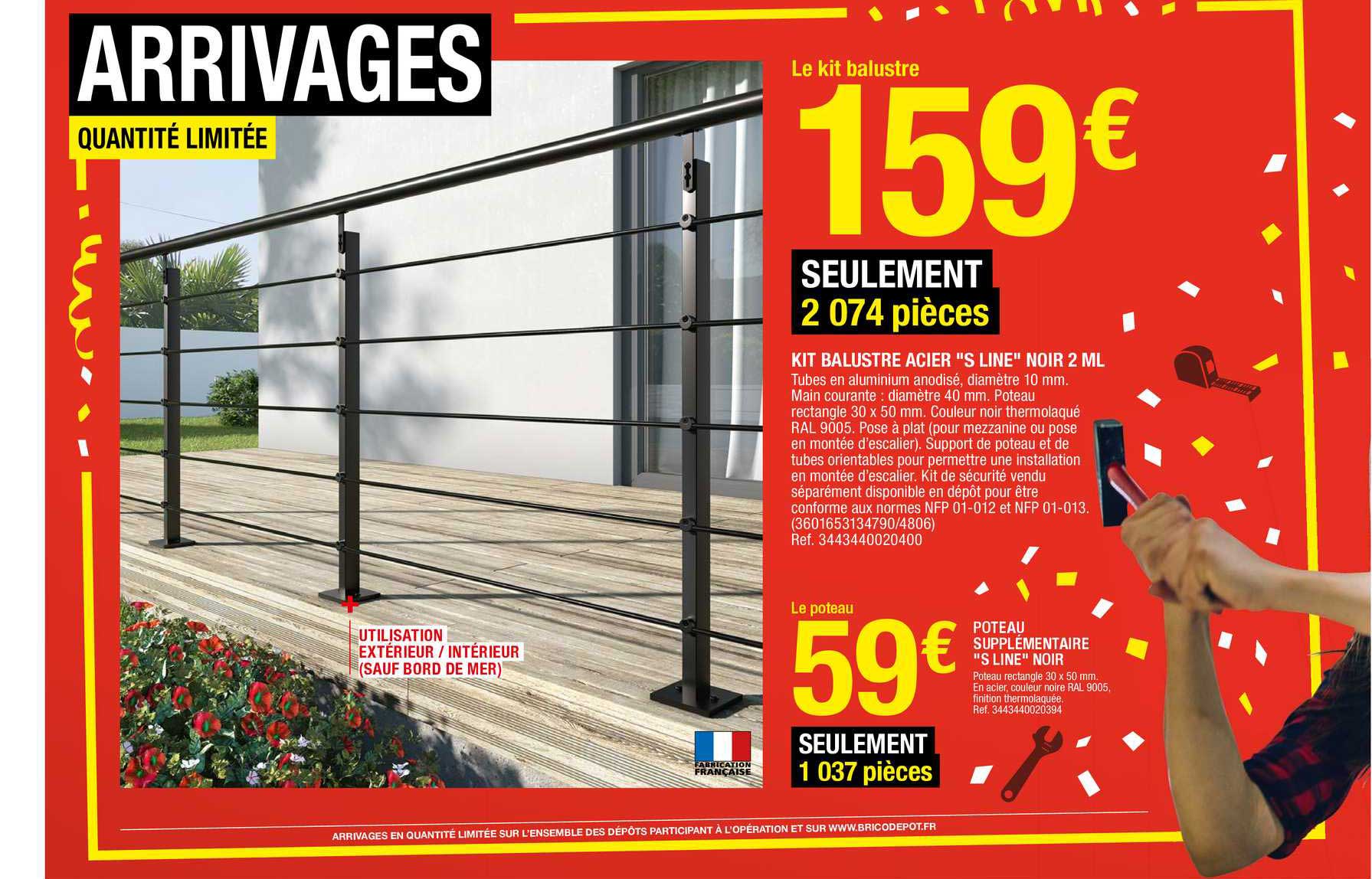 kit balustre acier «s line» noir 2 ml, poteau supplementaire "s line" noir