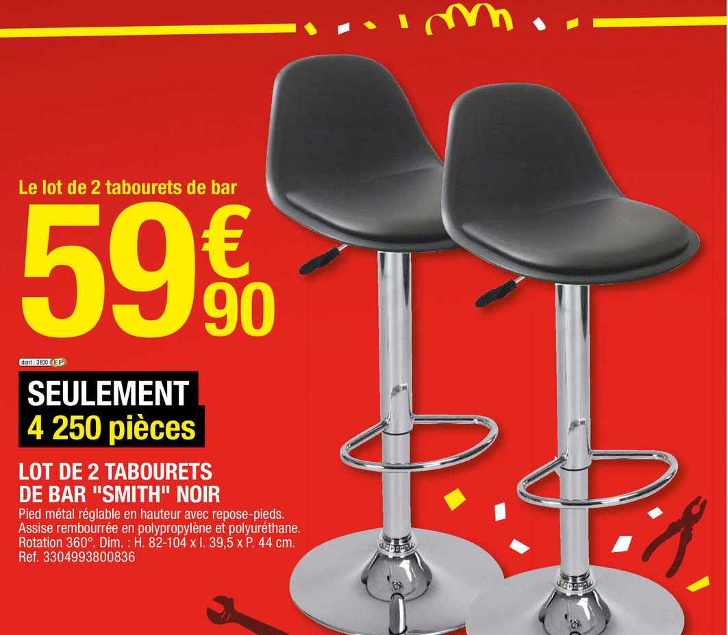 lot de 2 tabourets de bar "smith" noir