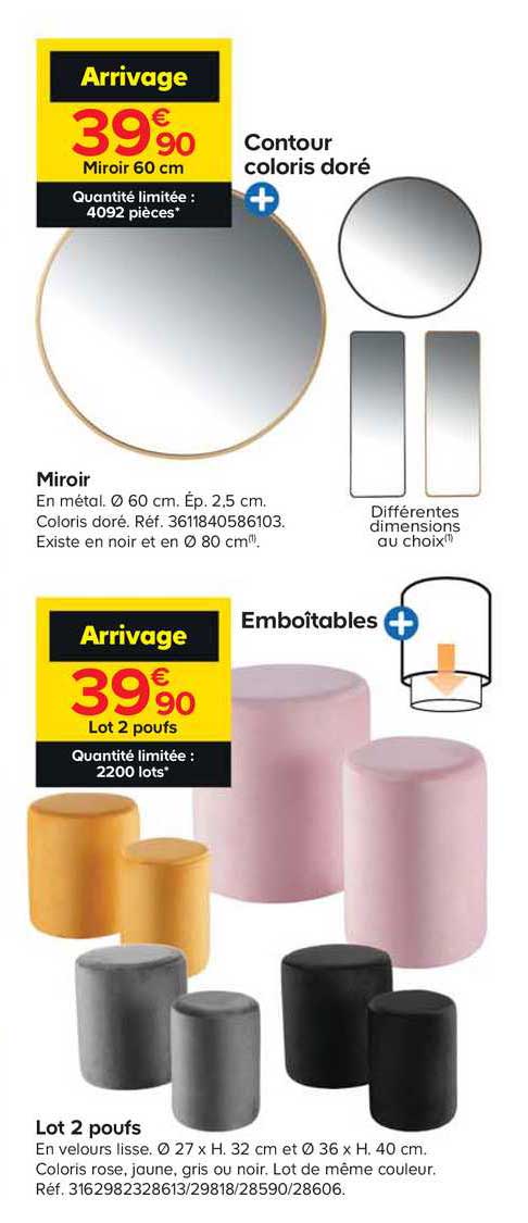 miroir, lot 2 poufs