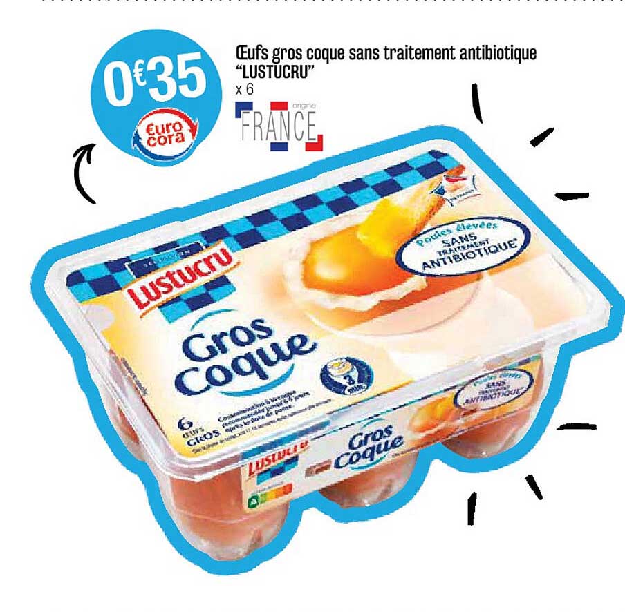 oeufs gros coque sans traitement antibiotique "lustucru"