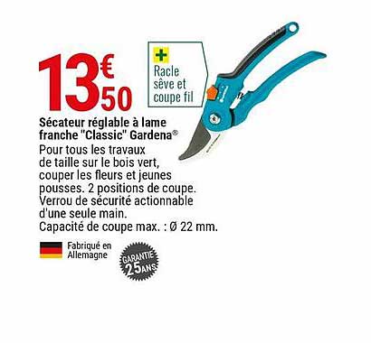 sécateur réglable à lame franche "classic" gardena