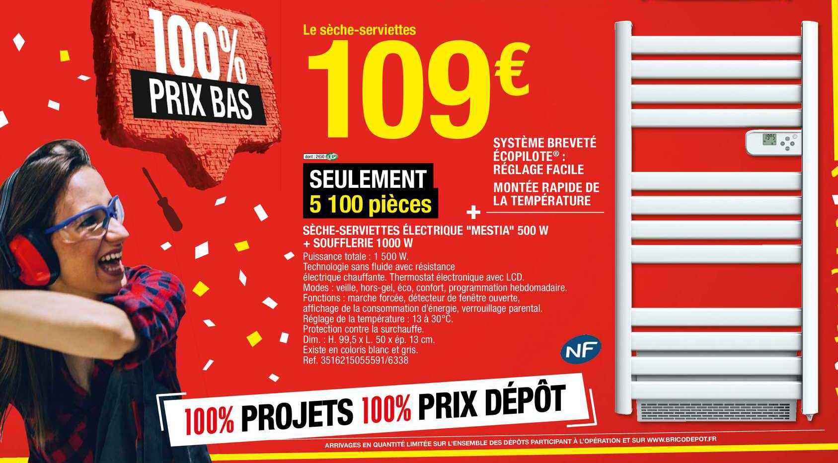 sèche-serviettes électrique "mestia" 500 w + soufflerie 1000 w