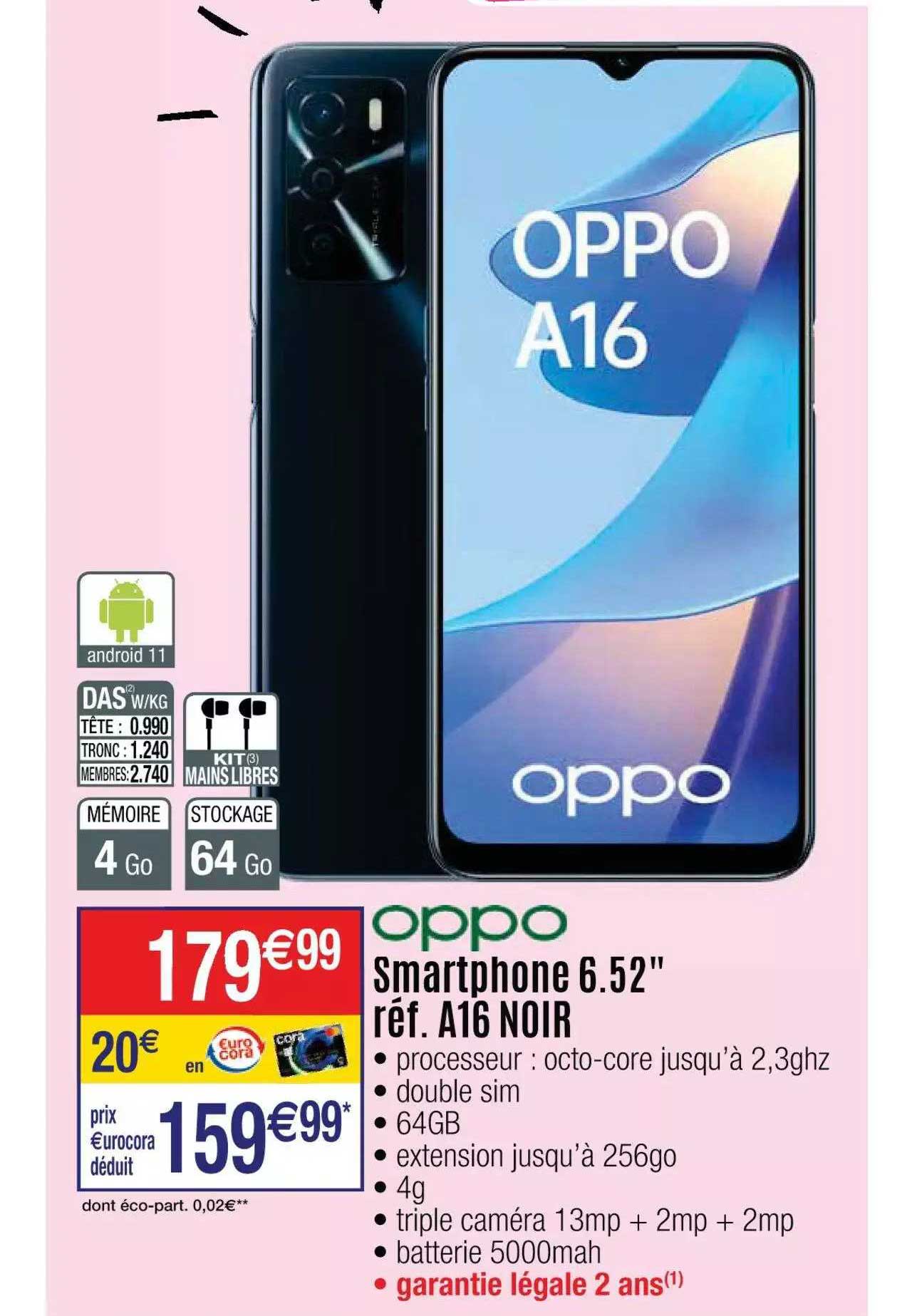 smartphone 6.52" oppo a16 noir