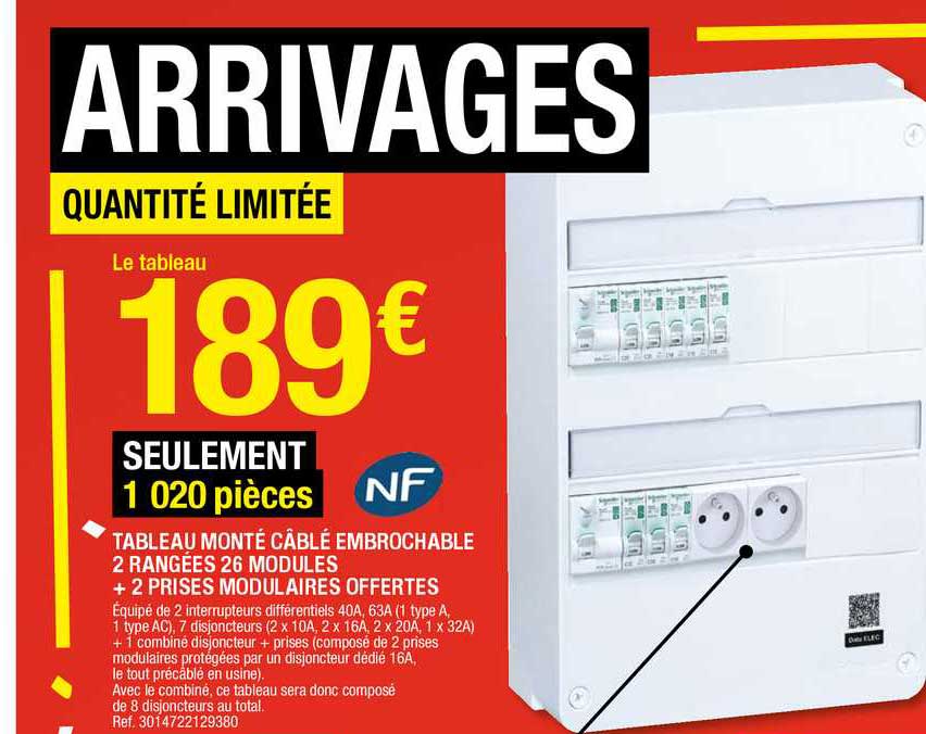 tableau monté câblé embrochable 2 rangées 26 modules + 2 prises modulaires offertes