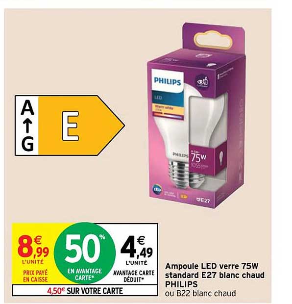 ampoule led verre 75w standard e27 blanc chaud philips